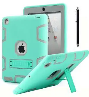 AICase iPad 2, iPad 3, iPad 4, Kickstand Shockproof Heavy Duty High Impact Resistant Rugged Hybrid Three Layer Armor Full Body Protection Case with Stylus (Mint Blue+Grey)