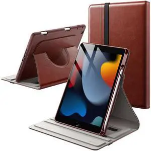 JETech Rotating Case for iPad 9/8/7 (10.2-Inch, 2021/2020/2019 Model, 9th/8th/7th Generation) with Pencil Holder, 360 Degree Rotation PU Leather Folio Protective Cover (Brown)
