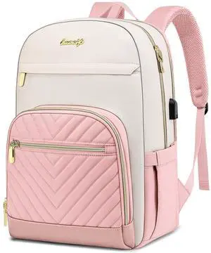 Laptop Backpack for Women Work Bookbag: 15.6 Inch College Backpacks with USB Charger Anti-Theft School Book Bag for Students Causal Travel Bookbags for Girls Nurse Teacher Back Pack Beige Pink