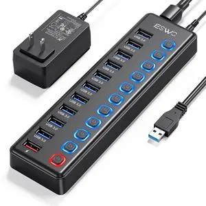 Powered USB Hub, JESWO 11 Port USB 3.0 Hub, 10 USB 3.0 Data Transfer Ports + 1 Smart Charging Port, USB Hub Powered with Individual LED On/Off Switches and 12V/3A Power Adapter