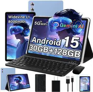 2025 Android 15 Tablet with Gemini AI, 30GB+128GB+1TB Expand, 10.1 Inch Octa-Core Electronics Tablets with Keyboard Mouse, 8000mAh, 5G WiFi, HD IPS Display, GPS, Widevine L1, Split-Screen -Metal Blue