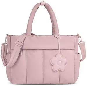 RAINSMORE Tote Bag for Women Lightweight Puffer Tote Bag with Compartments and Shoulder Strap Quilted Travel Bag Nurse Shoulder Bag Handbag Carry On Bag for Travel, Work, Pink