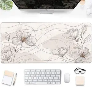 Desk Pad, Abstract Boho Minimalist Line Flowers Large Gaming Mouse Pad,Desk Mat for Keyboard and Mouse with Stitched Edges and Non-Slip Rubber Base for Work Game Office Home 35.4x15.7in