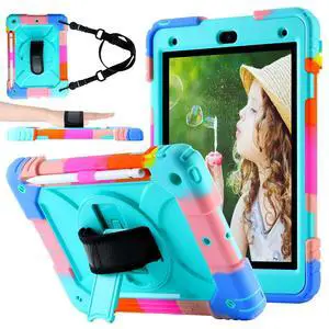 Vteutu Case for iPad 9th/8th/7th Gen Case 10.2" - Shockproof, 360° Rotating Stand, Hand & Shoulder Strap, Pencil Holder (Colorful Aqua)