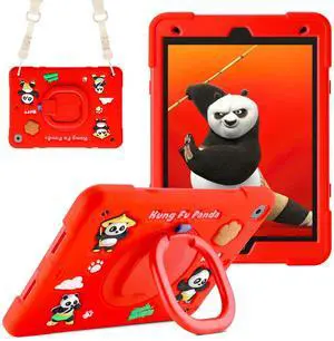 YVYI Case for iPad 9th/8th/7th Generation, iPad 10.2 Inch 2021/2020/2019, Funny Cartoon Silicone 3D Panda Design Kids Case Heavy Duty Protection with Stand/Pencil Holder/Shoulder Strap (Red)