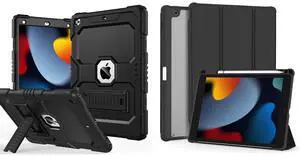 OKP Case for iPad 9th/ 8th/ 7th Generation 10.2 inch (2021/2020/2019) with Stand for Boys Girls [ 1* Black 3-Layer Shockproof Case + 1* Black Trifold Stand Case ]