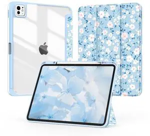 Jarviwiin Case for iPad Pro 13-inch (M4) 7th Generation 2024,Slim Tri-Fold Smart Folio Auto Wake/Sleep with Clear Back/Pencil Holder Cover for iPad Pro 13" 7 Gen (Floral Blue)