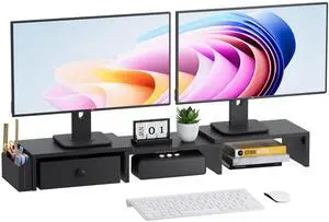 VERSASKY Dual Monitor Stand Riser, Adjustable Length & Swivel Angle Monitor Stand, Ergonomic Monitor Stand with Drawer & Side Pockets, Desktop Organizer and Office Desk Accessories, Black