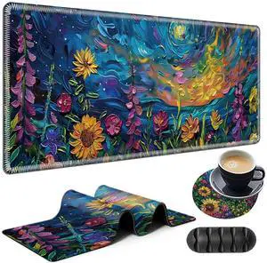 Large Gaming Mouse Pad Plus a Coasters + Cable Clips, Vibrant Watercolor Flowers Extended Mousepad (31.5 x 11.8) with Stitched Edge, Foldable Computer Keyboard Desktop Mouse Mat for Home Office
