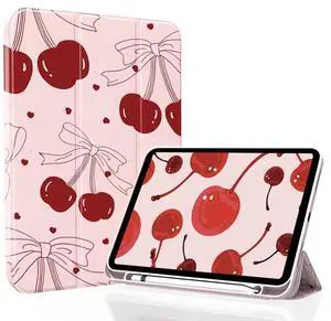 KFQDC for iPad A16 11 Inch 2025 /for iPad 10th Generation 10.9 Inch 2022 Pink iPad Case with Pencil Holder-[Auto Wake/Sleep], Trifold Stand Soft TPU Protective Cover, Cute Cherry Bows