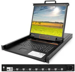 1U Rack Mount KVM Console Built-in 8 Port HDMI KVM Switch, 19" Rackmount Monitor, Keyboard and Touchpad, OSD/Hotkey/Button Switching,1280X1024@60Hz, 5:4 Aspect Ratio, Incl. KVM Cable and Ground Wire