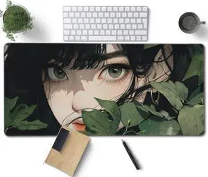 Girl in Foliage Large Mouse Pad, Anime Style Gaming Desk Mat, XXL Keyboard Desk Pad Mat for Desktop, 35.4"x15.7" Non-Slip Base Big Mousepad with Stitched Edges