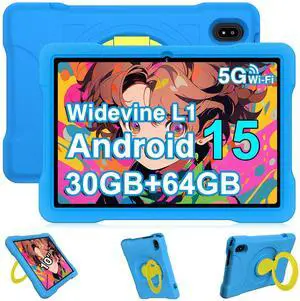 UJJ Kids Tablet 10 Inch Android 15 Tablets, 30GB RAM 64GB ROM 1TB Expand, Octa-Core Tablet with Gemini AI, 6000mAh, 5G WiFi, HD IPS Display, Widevine L1, Parental Control, Drop-Proof EVA Case (Blue)