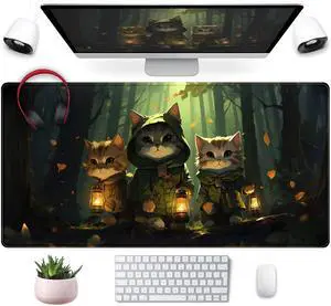 Forest Cats Desk Mat Anime Cat Desk Pad Cute, Kawaii Green Mouse Pad XXL, Large Extended Gaming Mousepad Keyboard Mouse Mat with Stitched Edges, Home Office Decor Pad for Women Girl 31.5x15.75 in