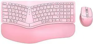 Ergonomic Wireless Keyboard Mouse Combo, EDJO Bluetooth/2.4G Dual Channel, Split Design, Soft Foam Palm Rest, 4 Level DPI Adjustable Wireless Mouse, Rechargeable, for Windows/Mac/Android(Pink)