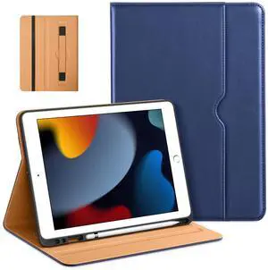 Bokeer for iPad 9th / 8th / 7th Generation (2021/2020/2019) 10.2 Inch Case, Multi-Angle Viewing Stand Folio Cover with Pencil Holder and Pocket, Built-in Hand Strap, Auto Sleep Wake, Navy Blue