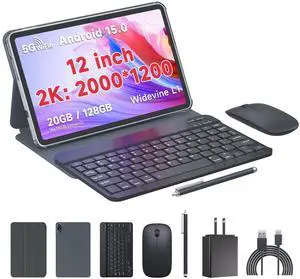 Tablet Kit with Protective Case+Fast Charger+Keyboard+Mouse, Android 15.0 1200*2000 12Inch TouchScreen, Octa-core T615 CPU, RAM 20GB(6+14Expand) + 128GB ROM, 8000mAh Battery, Dark Gray(T30 Max)
