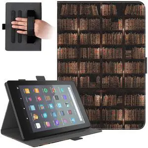 Dteck for Amazon Fire 7" (9th/7th/5th Generation 2019/2017/2015 Release) Smart Folio Tablet Case with Auto Sleep Wake/Stand Function, Hand Grip Strap, PU Leather Protective Cute Fold Cover, Bookshelf