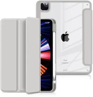 Batianda Hybrid Case for iPad Pro 12.9-inch 2022 M2 2021 5th / iPad Pro 12.9" 4th/3rd Gen [Built-in Pencil Holder] Shockproof Cover with Clear Back Shell TPU Bumper, Grey