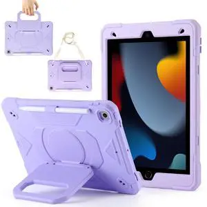 Case for iPad 9th Generation (2021) /iPad 8th Gen (2020)/iPad 7th Gen (2019), Military Grade Shockproof iPad Case Built-in 360°Rotating Stand/Pen Slot/Shoulder Strap, for iPad 10.2 (Light Purple)