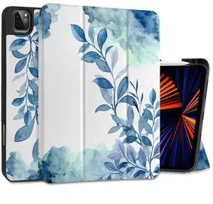 DONGKE Case for 2022/2021/2020/2018 iPad Pro 11 inch Gen 4/3/2/1 - Slim Protective Case - Built in Pencil Holder Support Charging - Trifold Stand & Sleep/Wake Cover - Watercolor Blue Floral