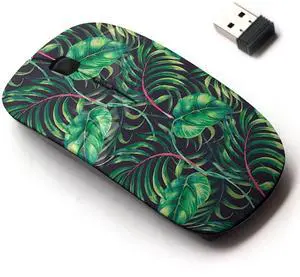 2.4G Wireless Mouse with Cute Pattern Design for All Laptops and Desktops with Nano Receiver - Tropical Palm Leaves Jungle Plant