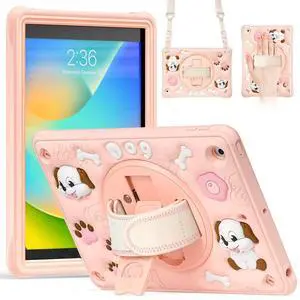 Shockproof Kids Case for iPad 10.2 2021/2020/2019 (9th/8th/7th Gen), Heavy Duty Dog Design with 360° Rotating Hand Strap, Kickstand, Adjustable Shoulder Strap, Cute Protective Cover for Children