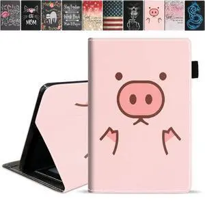 FQTBCEARI Case for Amazon Fire HD 10 Tablet 10.1 inch (9th/7th Generation, 2019/2017 Release), Slim PU Leather Cover with Card Slot & Pencil Holder, Pink Cute Cartoons Pig