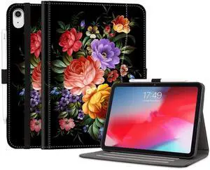 Case for iPad (A16) 11th Generation 11 Inch 2025, iPad 10th Generation 10.9 Inch 2022, Build with Pencil Holder, for 11th/10th iPadCase Smart Stand Cover Viewing Angles, Black Colord Flowers