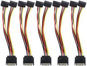 SING F LTD 5Pcs 15 Pin SATA Male to 2 SATA 15 Pin Female Y Splitter Power Extension Cable 15cm 18AWG