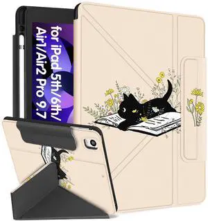 Miss Adola for iPad 6th/5th Generation 2018/2017 Case for iPad Air 2nd/1st Pro 9.7 Inch with Pencil Holder Cute Cool Cartoon Anime Kawaii Design Tablet Cover for Boys Girls Women, Book Cat