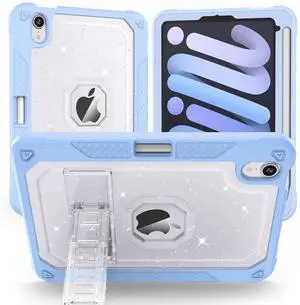 ZoneFoker Case for iPad Mini A17 Pro, for iPad Mini 7th/6th Generation Case 8.3 inch 2024/2021 with Pencil Holder/Stand, Slim Cover for i Pad Mini 7/6 (Clear Glitter/SkyBlue)