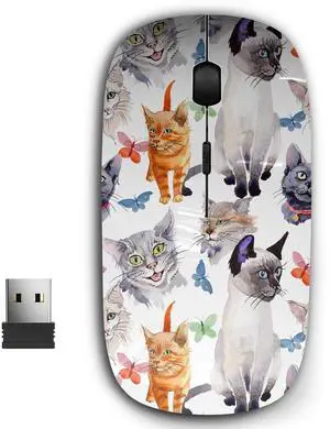 KAWAMOUSE 2.4G Ergonomic Portable USB Wireless Mouse for PC, Laptop, Computer, Notebook with Nano Receiver (Cat Wild Animal Watercolor)
