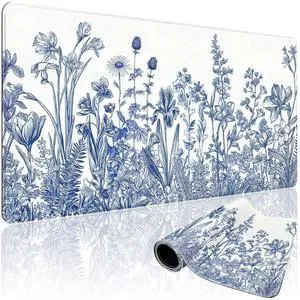 Mcapirivo Narcissus Blue Floral Large Gaming Mouse Pad 31.5"x15.7" Flower XXL Desk Mat, Non-Slip Rubber Base & Stitched Edges - Extended Waterproof Mousepad for PC/Laptop/Office/Home Decor