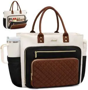 LOVEVOOK 17 Inch Laptop Tote Bag for Women, Teacher Nurse Work Bags, Laptop Bag With Large Cup Holder, Professional Briefcase Business Computer Purses Handbag, Black-Beige-Brown