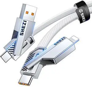 SHEZI [Upgraded 2.0] 4-in-1 USB C Cable 60W 5FT Fast Charging [480Mbps Data Sync] Flat Nylon Braided Charger Cord Combo, USB A/C to C/L Multi Charge Cable for iPhone/iPad & Most Devices, Silver