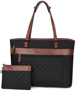 Kasqo Laptop Tote Bag for Women,15.6 Inch Computer Work Bag Water-Resistant Leather Shoulder Handbags with Clutch Purse Black-Brown