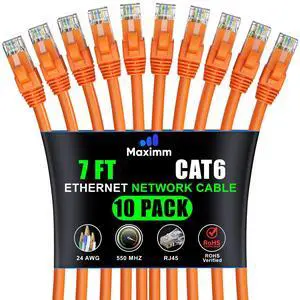Maximm Cat 6 Ethernet Cable 7 ft (10-Pack) - High-Speed LAN Cable, Internet Cable, Patch Cable, and Network Cable - UTP, 10Gbps, 550MHz Ethernet Cord - Orange