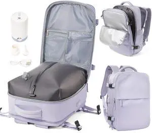 Vacuum Backpack with Pump for Women Men, Compression Backpack for Travel, Vacpack for School Business Trip, Lightweight Airback Backpacks with Vacuum Seal, Carry On Bag for Airport( Purple Large)