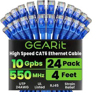 GearIT Cat 6 Ethernet Cable Pack - 24-Pack 4 ft Cat6 Ethernet Patch Cables | RJ45 Network Patch Cable, 10 Gbps Snagless Gold-Plated Connectors - Ethernet Cable Cat 6 for PC, TV, Router - Blue