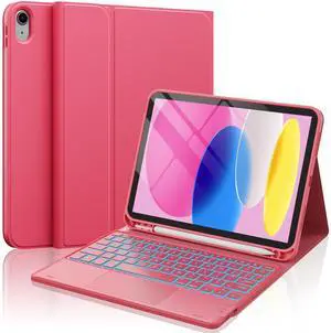 CHESONA for iPad 10th Generation Case with Keyboard, 7 Color Backlight, Multi-Touch Trackpad, Flip Stand Case with Pencil Holder, 2 Wireless Channels for iPad (A16) 11th/10th Gen (2025/2022), Red