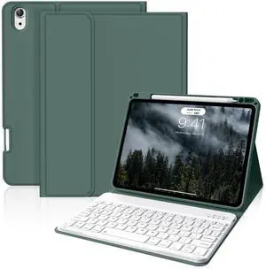 BQDIYOO Case for iPad Air 7th/6th 11-inch M3/M2 (2025/2024), iPad Air 5th/4th Generation 10.9 inch 2022/2020, Stand Folio Detachable Wireless Keyboard Soft TPU Cover with Pencil Holder, Dark Green