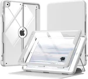 MoKo Case for iPad 9th Generation with Pencil Holder, iPad 8th/7th Gen Case 10.2-inch, Built-in Screen Protector Clear Back, Stain Resistant Multi Angle Viewing Stand, Auto Wake/Sleep, Light Gray