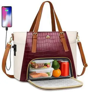 MATEIN Laptop Tote Bag with Lunch Compartment Detachable, 15.6 Inch Insulated Work Tote Bag for Women PU Leather Work Purse with Lunch Compartment, Computer Handbag Commute Office