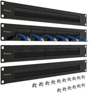 VCELINK (4-Pack) 1U Brush Rack Cable Management, 19-inch Metal Brush Patch Panel for Server Rack or Network Cabinet, Black