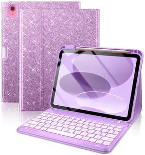 typecase Folio Keyboard Case for iPad 10th Gen 10.9 inch (2022) and iPad 11th (A16, 2025), Magnetic Wireless Detachable Keyboard, 7-Color Backlight, Thin & Light, Pencil Holder  Purple Glitter