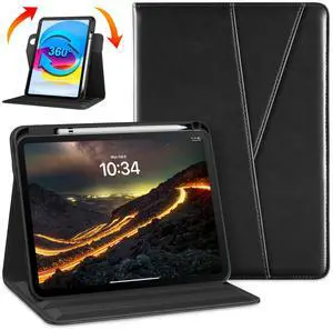 DTTO Rotating Case for iPad (A16) 11th Generation 11 Inch 2025, iPad 10th Generation 10.9 Inch 2022, 360 Degree Swiveling Premium Leather Folio Stand Cover with Pencil Holder, Black