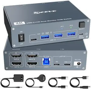 USB C HDMI KVM Switch 2 Monitors 2 Computers 4K@60Hz, Dual Monitor USB Type-C KVM Switches for Laptop & Desktop Share 2 Monitor and 4 USB3.0 Devices,Support 80W Charging for Laptop