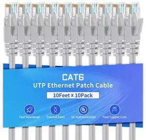 XANHAM Cat6 Ethernet Cable 10 Feet 10 Pack Network RJ45 Cat6 Internet Patch Cable, Unshielded, Light Gray