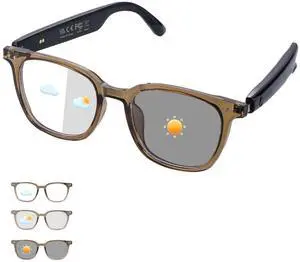Smart Glasses for Women Men, Bluetooth Glasses with Photochromic Lenses Touch Control Voice Assistant for Clear Audio, Remote Photography, Clear Brown Frame and Black Legs, Perfect for Indoor Outdoor